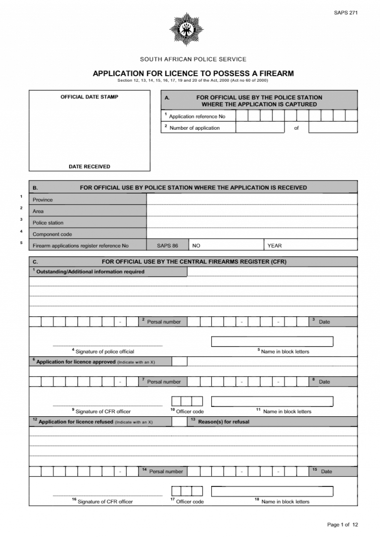 Download Licence to Possess a Firearm SAPS 271 Form - FormFactory